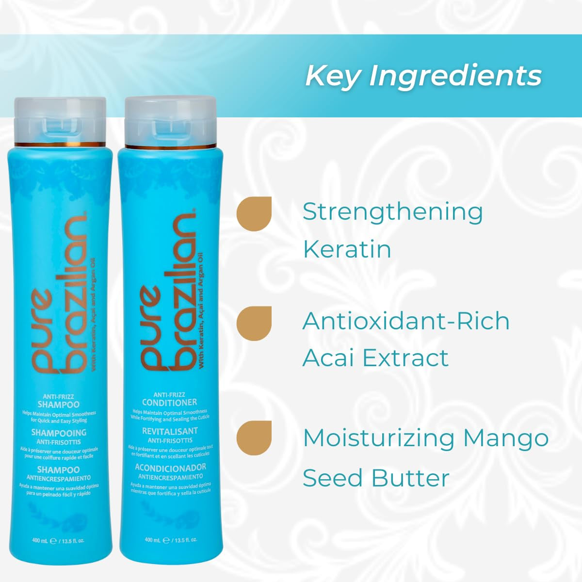 anti Frizz Daily Shampoo &amp; Conditioner - Salt-Free &amp; Color Safe Shampoo &amp; Conditioner Enriched with Keratin, Argan Oil, and Acai (13.5 Ounce / 400 Milliliter)